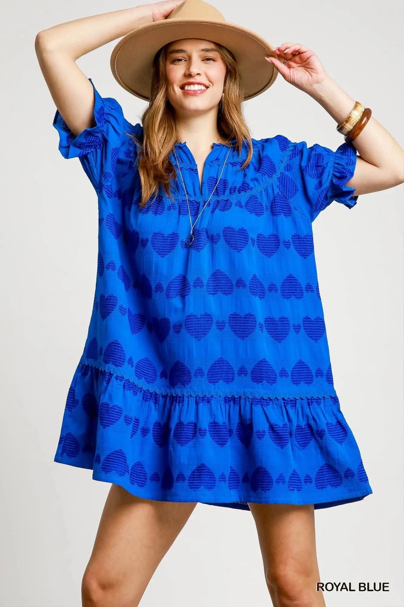 Umgee dresses Royal Blue / S Umgee Heart Pattern Short Sleeve Ruffle Babydoll Dress