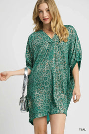 Umgee dresses TEAL / S Umgee Metallic Leopard Print V-Neck Kimono Dress