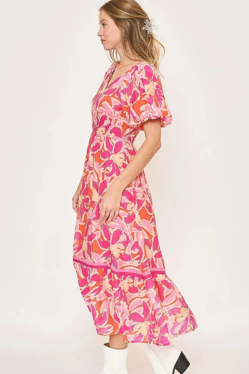 Umgee dresses Umgee Floral Notched Puff Sleeve Midi Dress