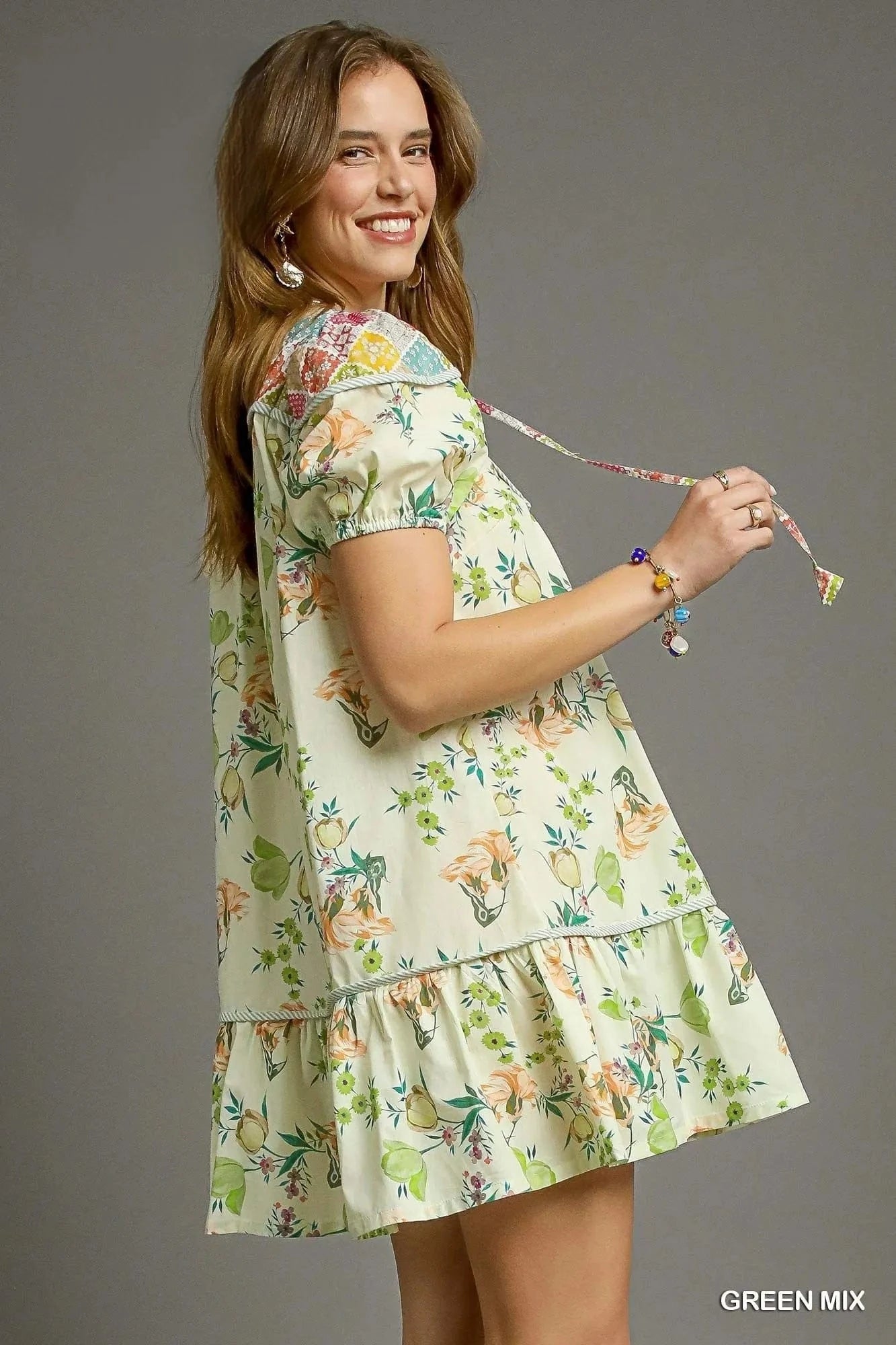 Umgee dresses Umgee Floral Print Tie Neck Puff Sleeve Dress