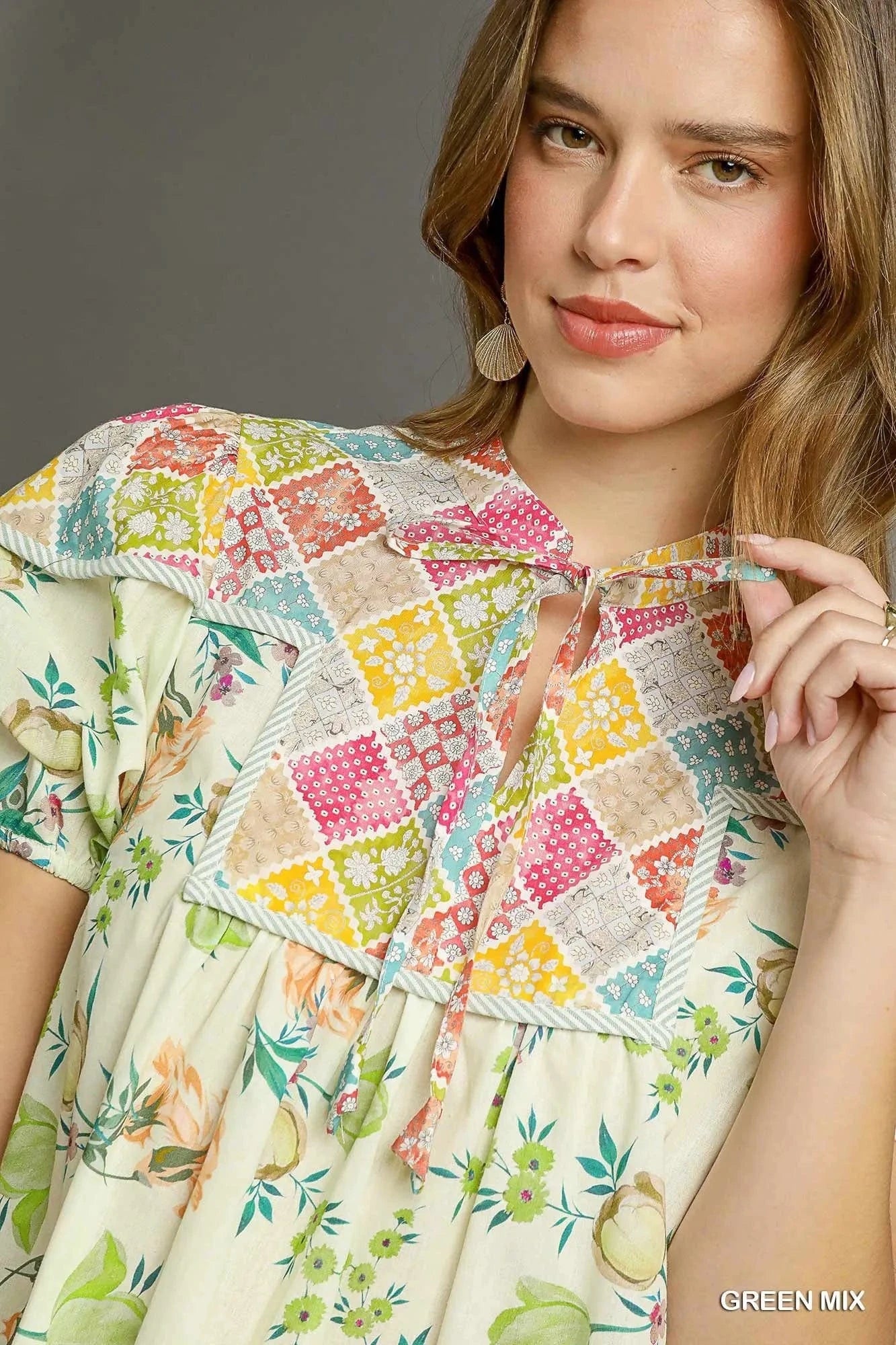 Umgee dresses Umgee Floral Print Tie Neck Puff Sleeve Dress