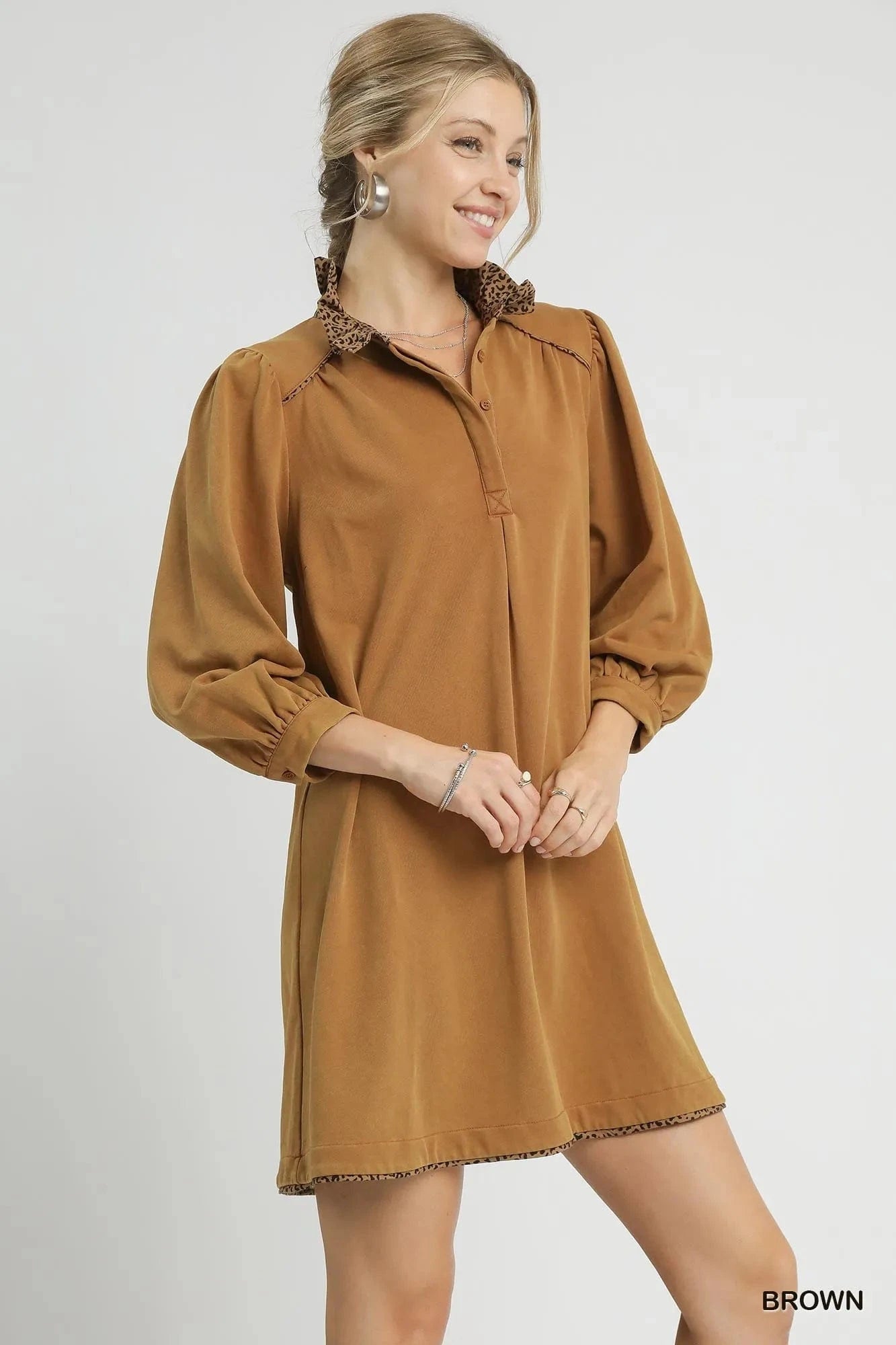 Umgee dresses Umgee French Terry Balloon Sleeve Shift Dress with Leopard Print Detail