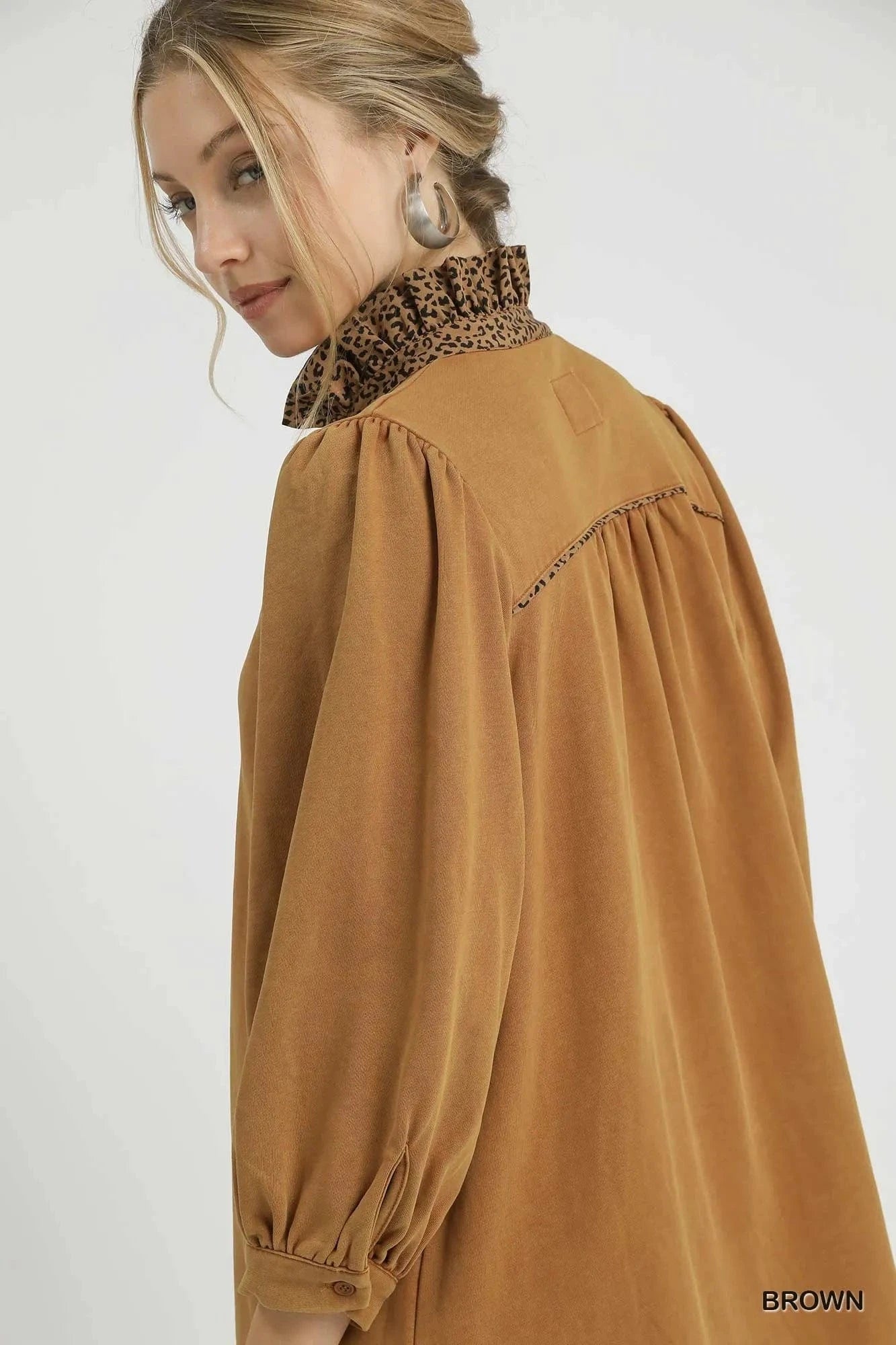 Umgee dresses Umgee French Terry Balloon Sleeve Shift Dress with Leopard Print Detail