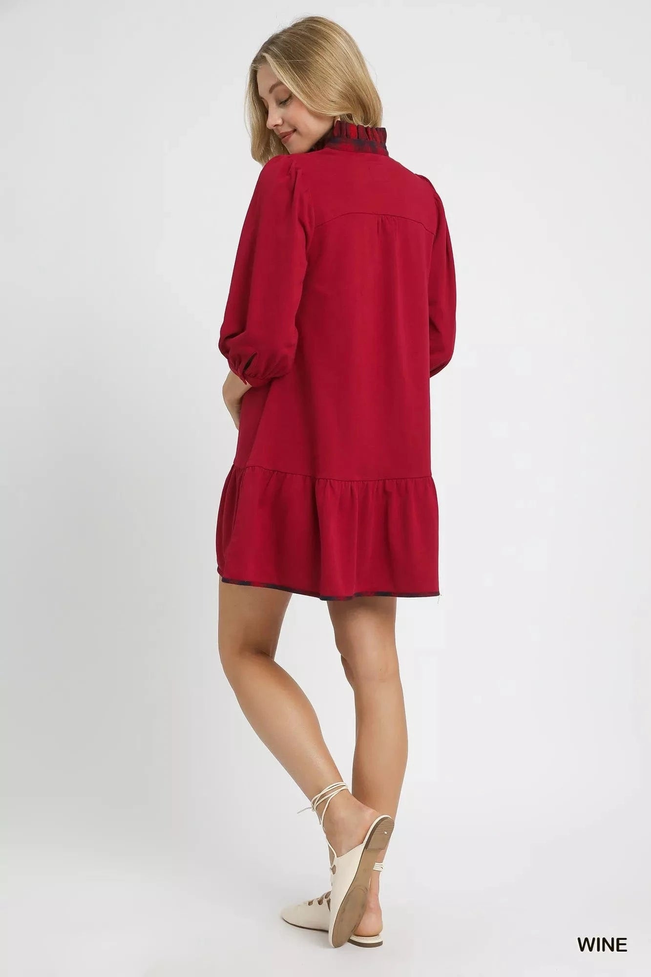 Umgee dresses Umgee French Terry Ruffle Hem Dress with Plaid Trim