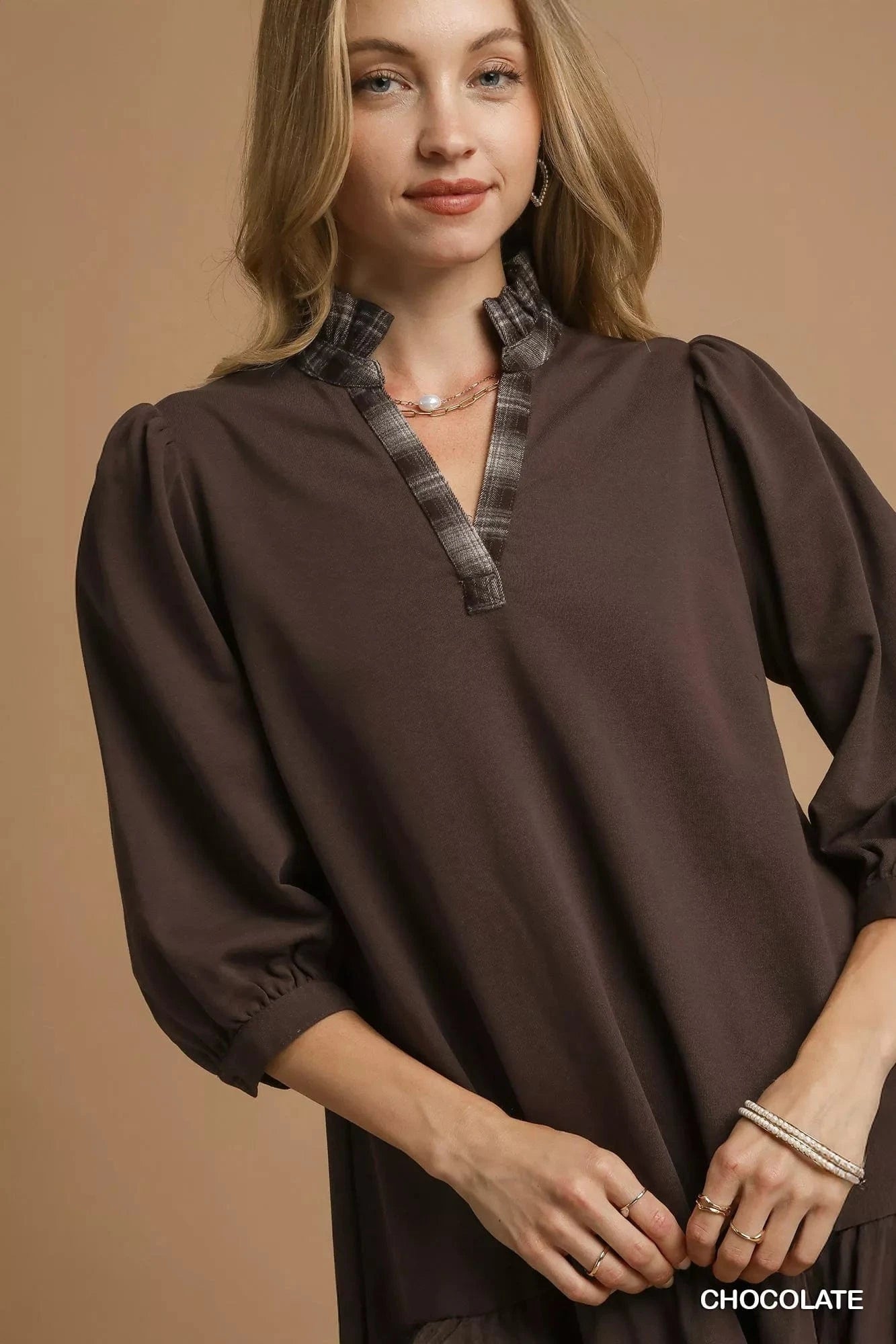 Umgee dresses Umgee French Terry Ruffle Hem Dress with Plaid Trim