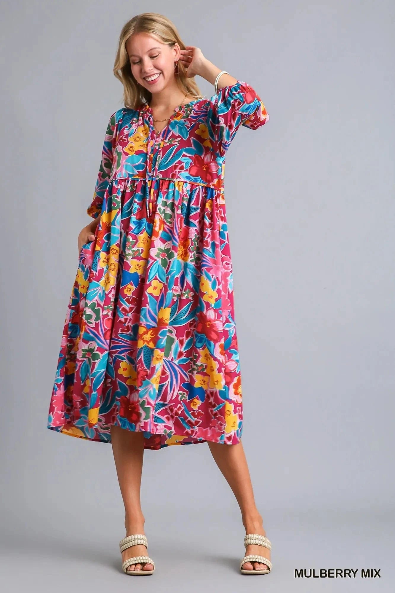 Umgee dresses Umgee Full Size Floral Print Tie Neck Midi Dress with Pockets Plus Size
