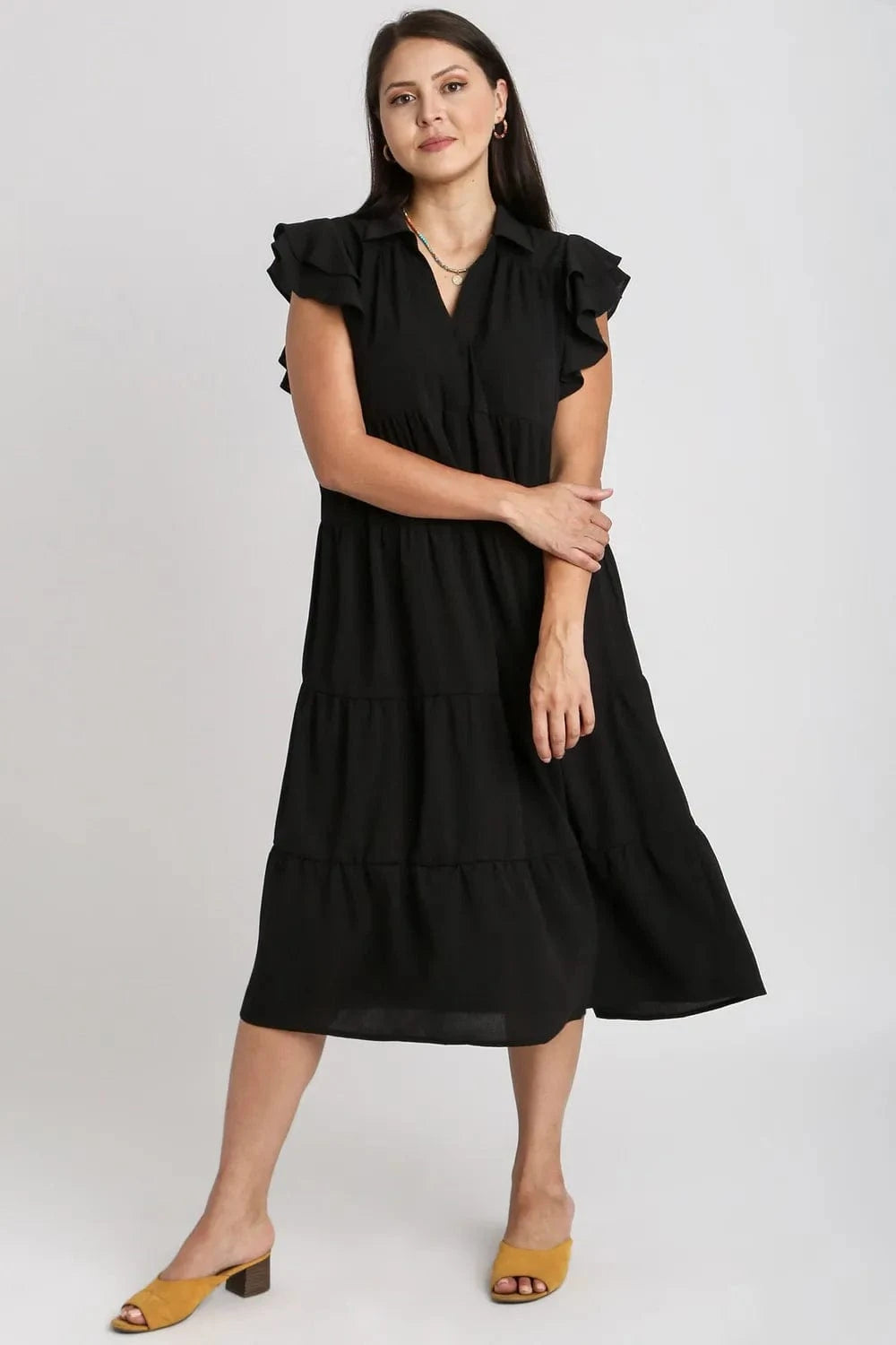 Umgee dresses Umgee Full Size Johnny Collar Ruffle Cap Sleeve Tiered Dress Plus Size