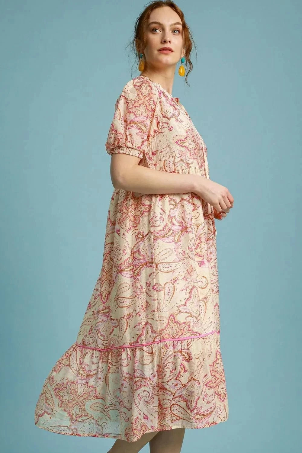 Umgee dresses Umgee Full Size Printed Puff Short Sleeve Midi Dress Plus Size