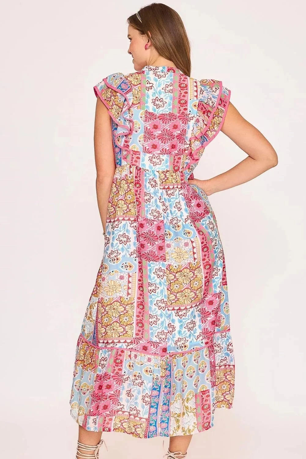 Umgee dresses Umgee Full Size Tie Neck Double Layered Ruffle Sleeve Midi Dress Plus Size