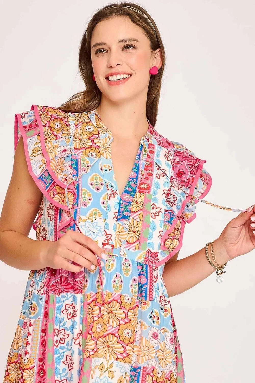 Umgee dresses Umgee Full Size Tie Neck Double Layered Ruffle Sleeve Midi Dress Plus Size