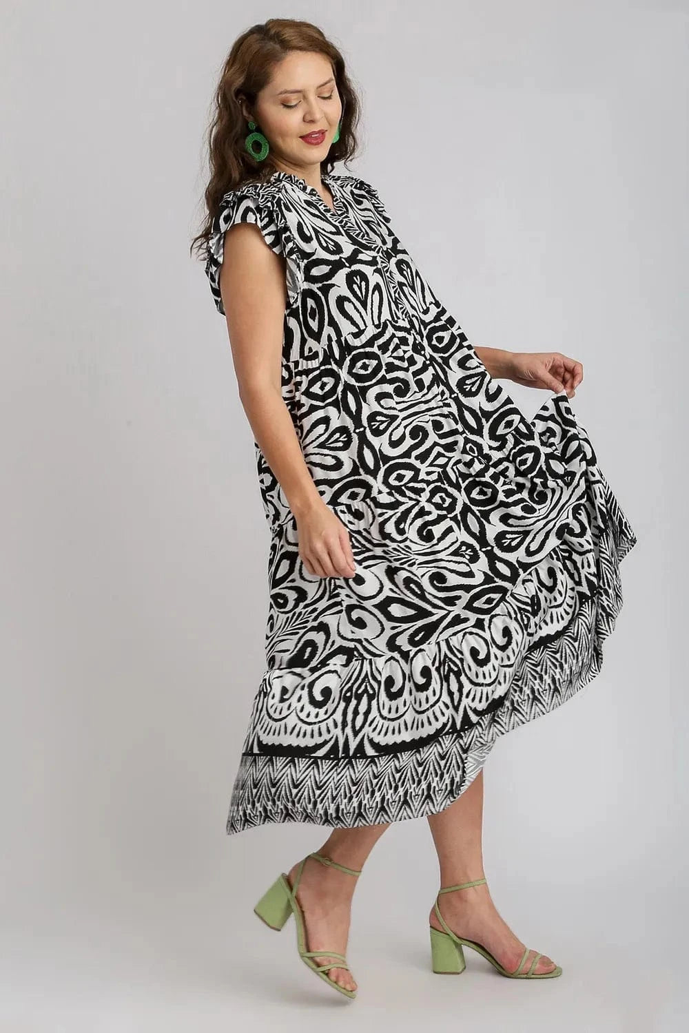 Umgee dresses Umgee Full Size Two Tone Border Print Ruffle Cap Sleeve Midi Dress Plus Size