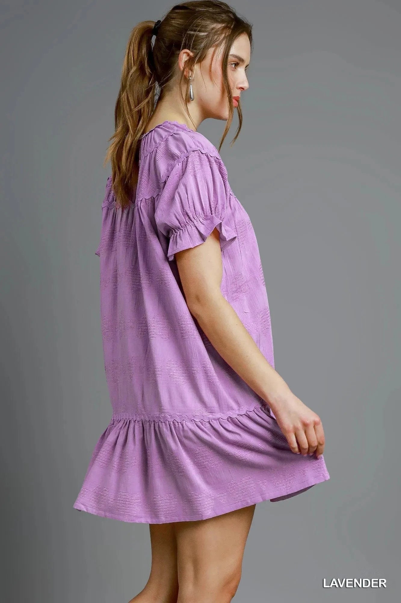 Umgee dresses Umgee Heart Pattern Short Sleeve Ruffle Babydoll Dress