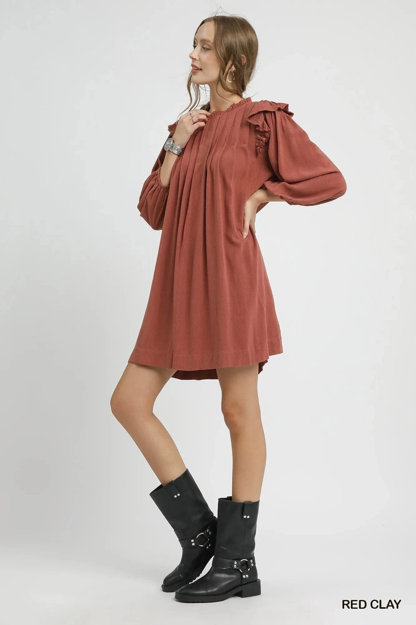 Umgee dresses Umgee Linen Ruffle Shoulder Pleated Babydoll Dress