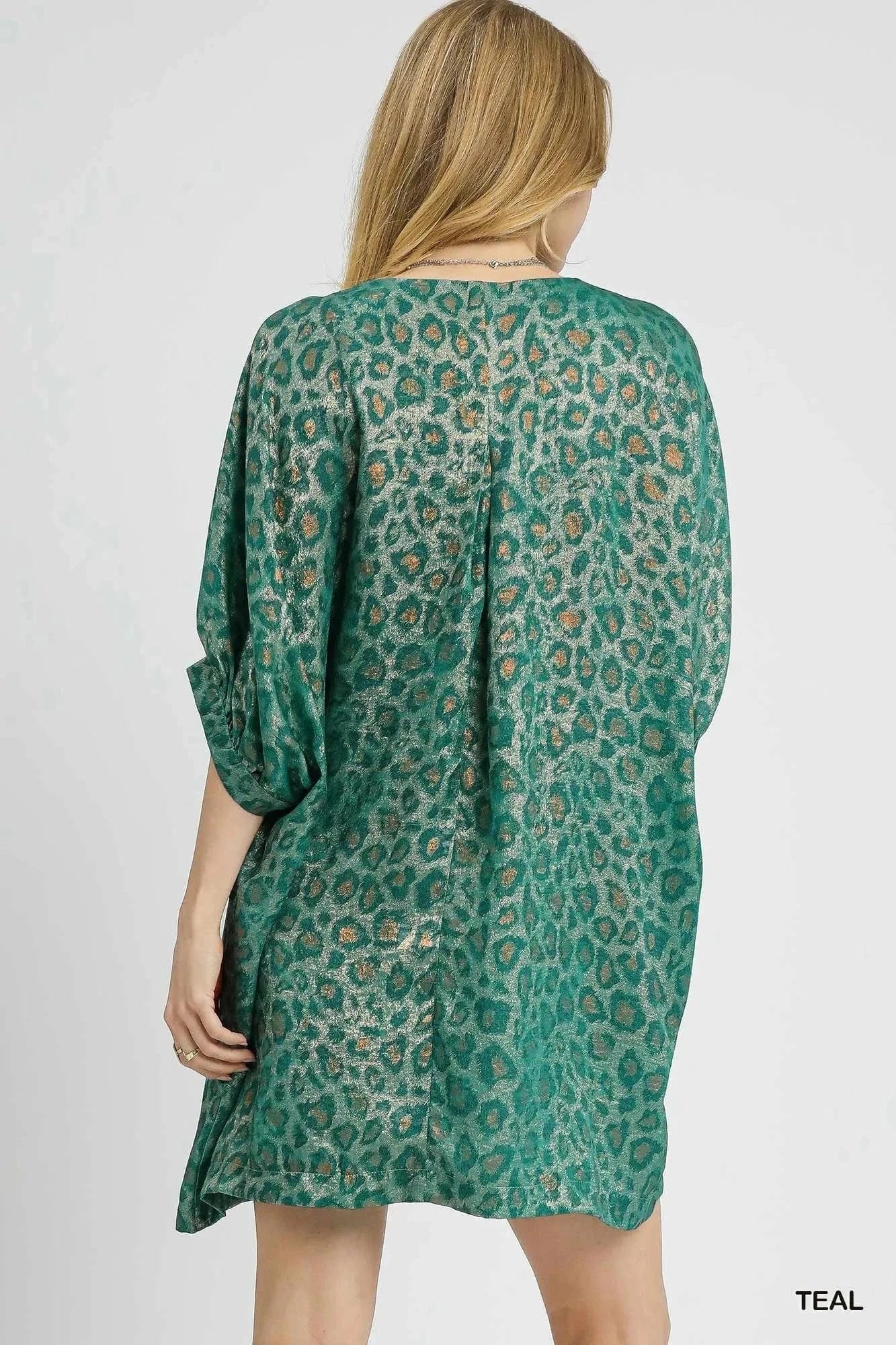 Umgee dresses Umgee Metallic Leopard Print V-Neck Kimono Dress