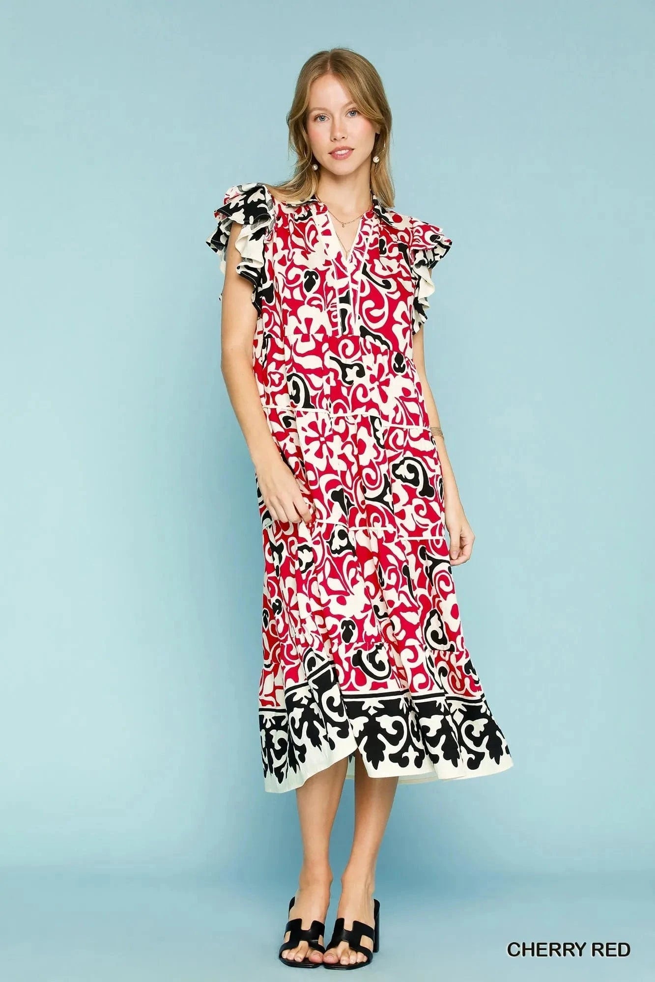 Umgee dresses Umgee Printed Ruffled Cap Sleeve Midi Dress