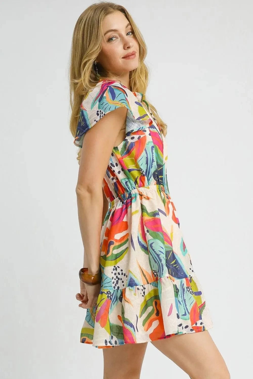 Umgee dresses Umgee Printed Tie Neck Ruffled Hem Dress
