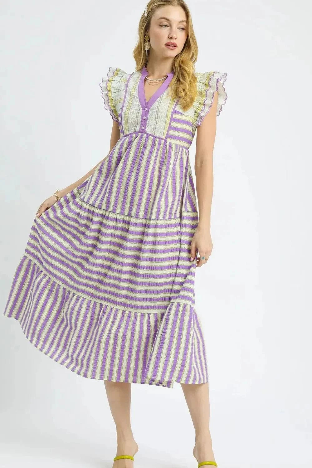 Umgee dresses Umgee Striped Ruffle Cap Sleeve Midi Dress
