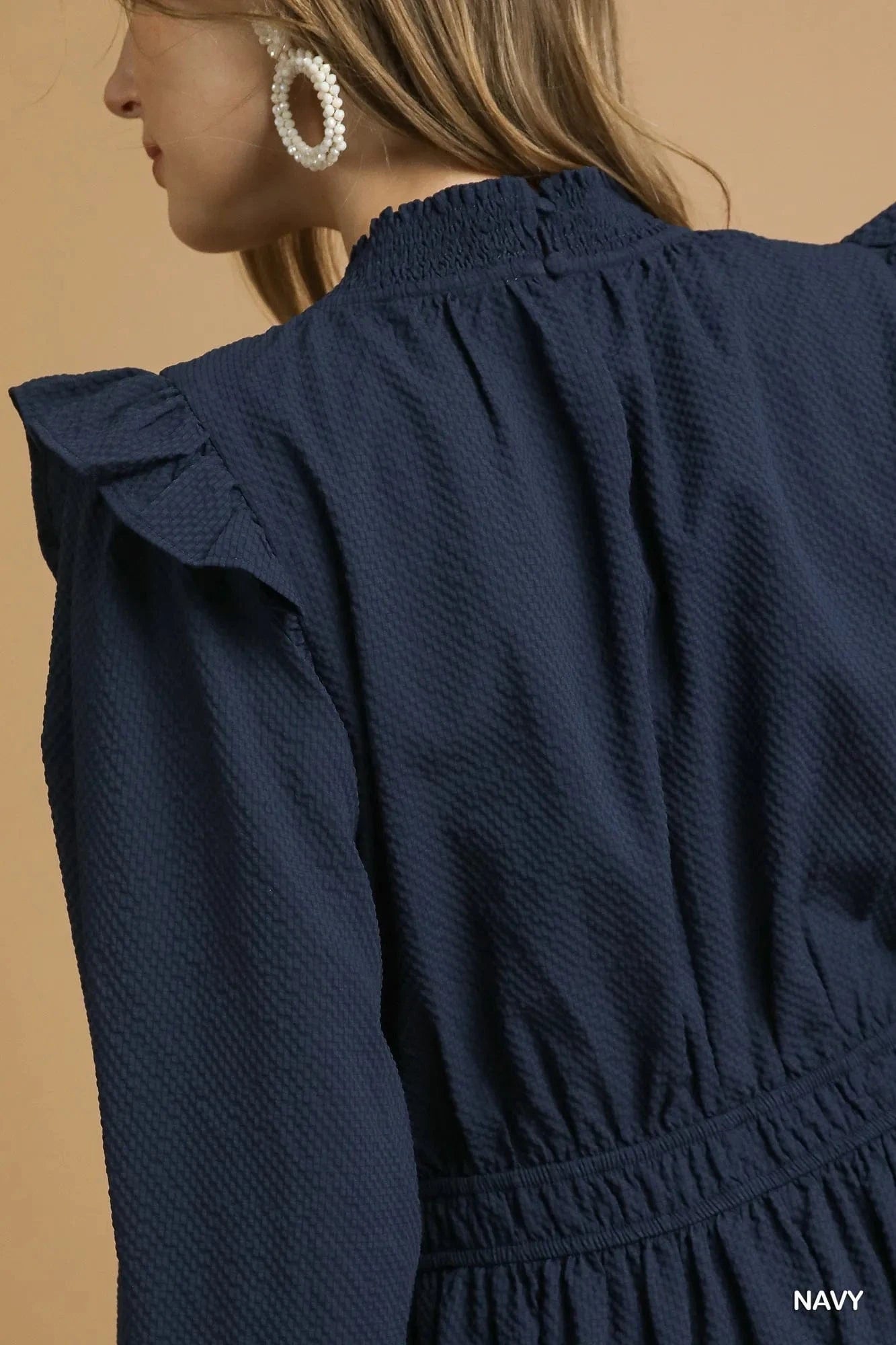 Umgee dresses Umgee Textured Midi Dress with Ruffle Shoulder Detail