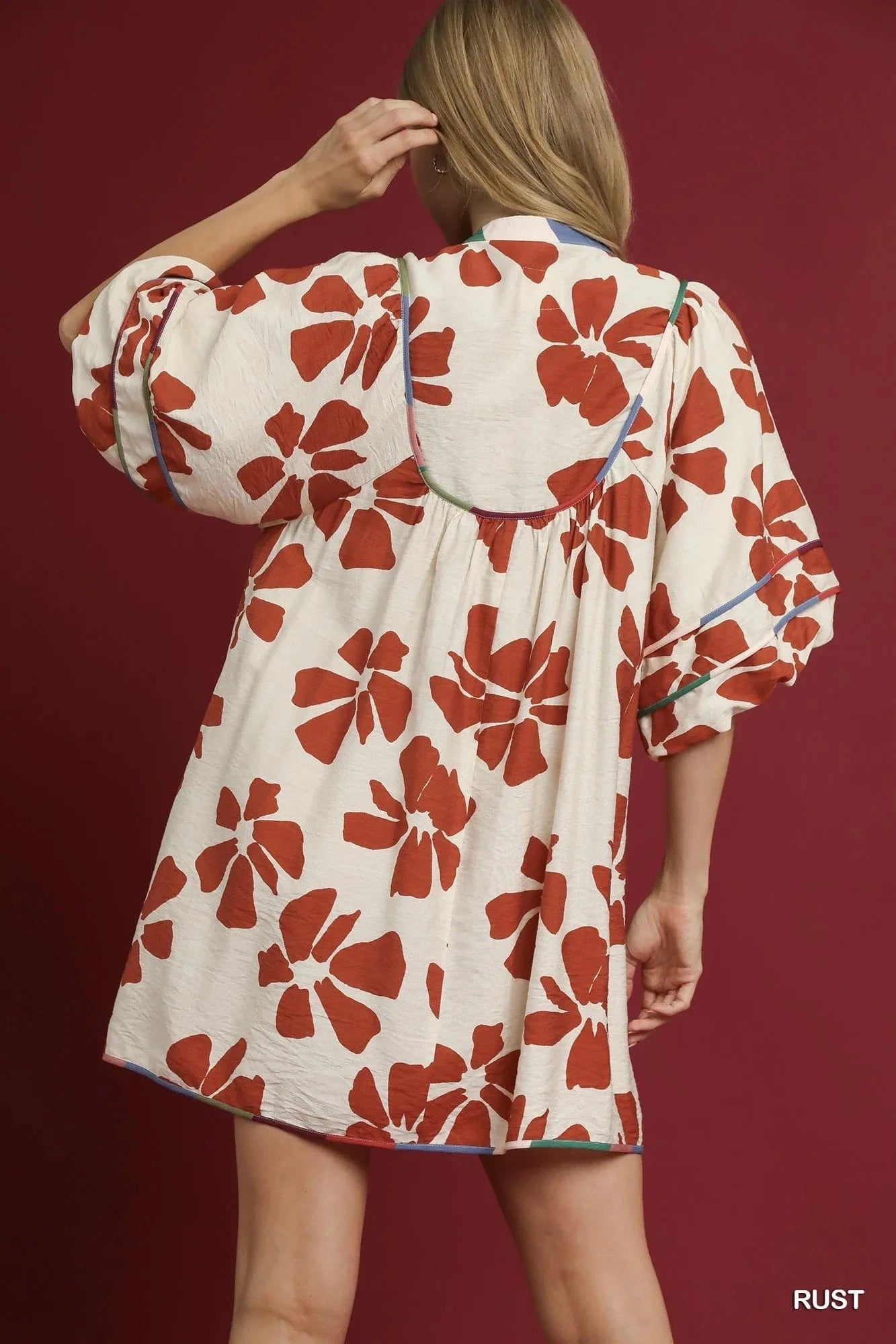 Umgee dresses Umgee Two Tone Floral Tie-Neck Babydoll Dress