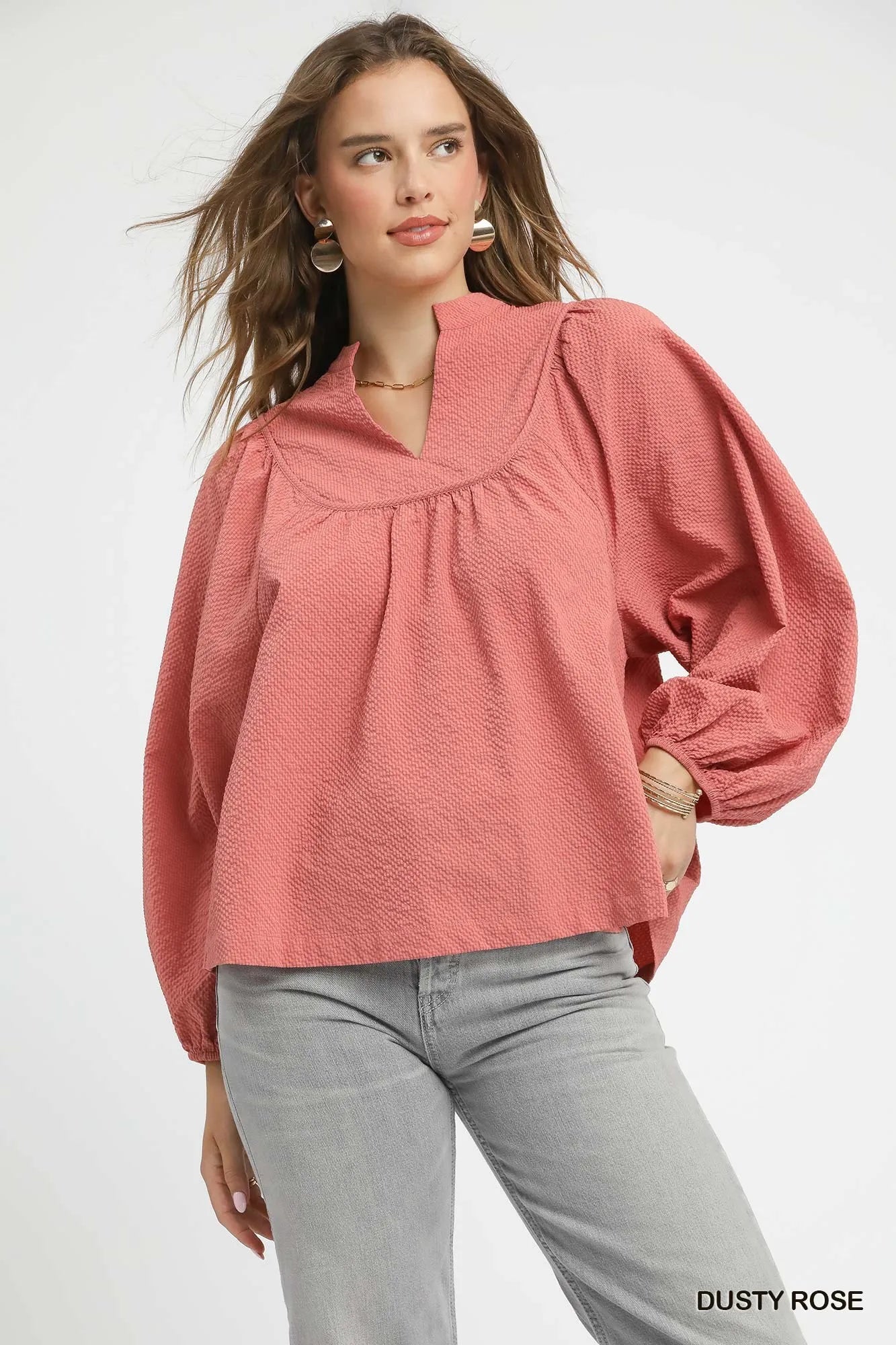 Umgee DUSTY ROSE / S Umgee Textured Notched Blouse with Balloon Sleeves