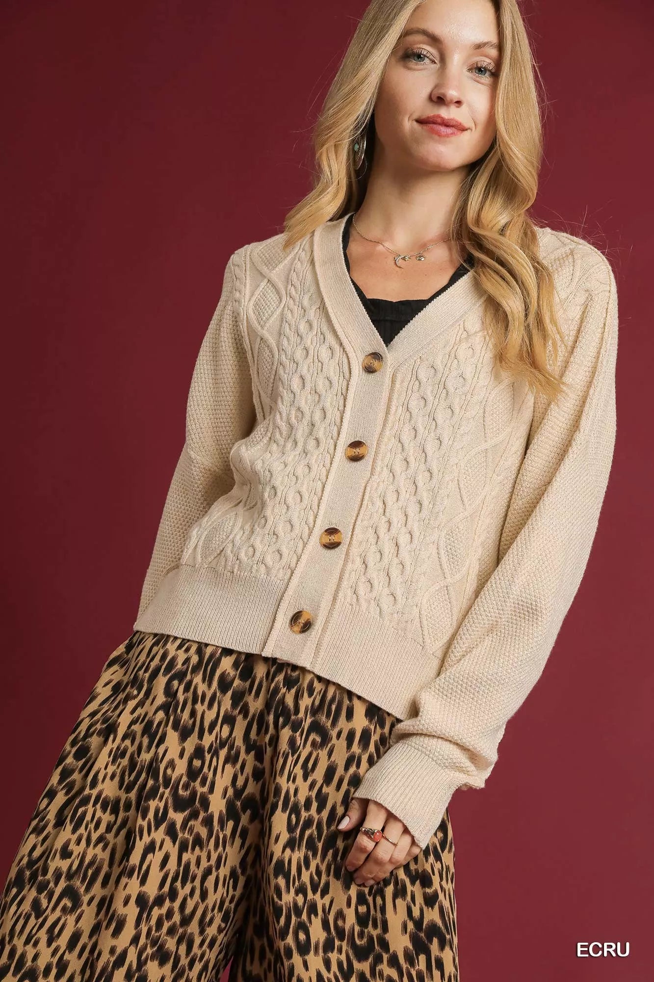 Umgee ECRU / S Umgee Chunky Cable Knit V-Neck Button-Up Cardigan