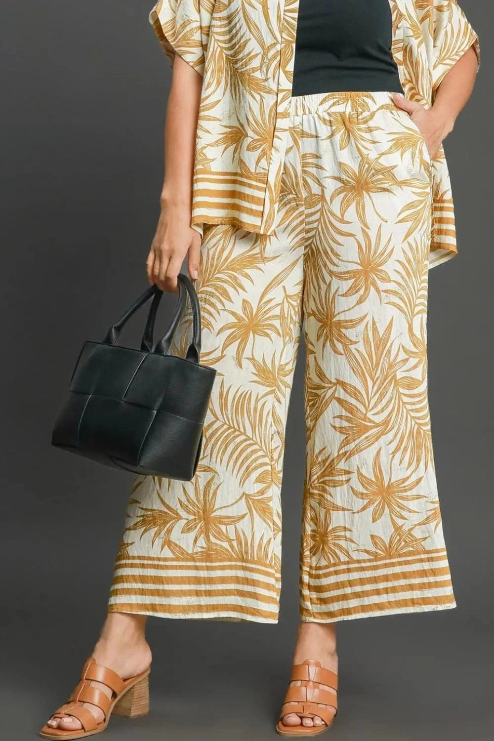 Umgee Gold / S Umgee Full Size Tropical Print Wide Leg Pants Plus Size