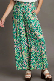 Umgee GREEN MIX / S Umgee Full Size Mixed Print High Waist Wide Leg Pants Plus Size