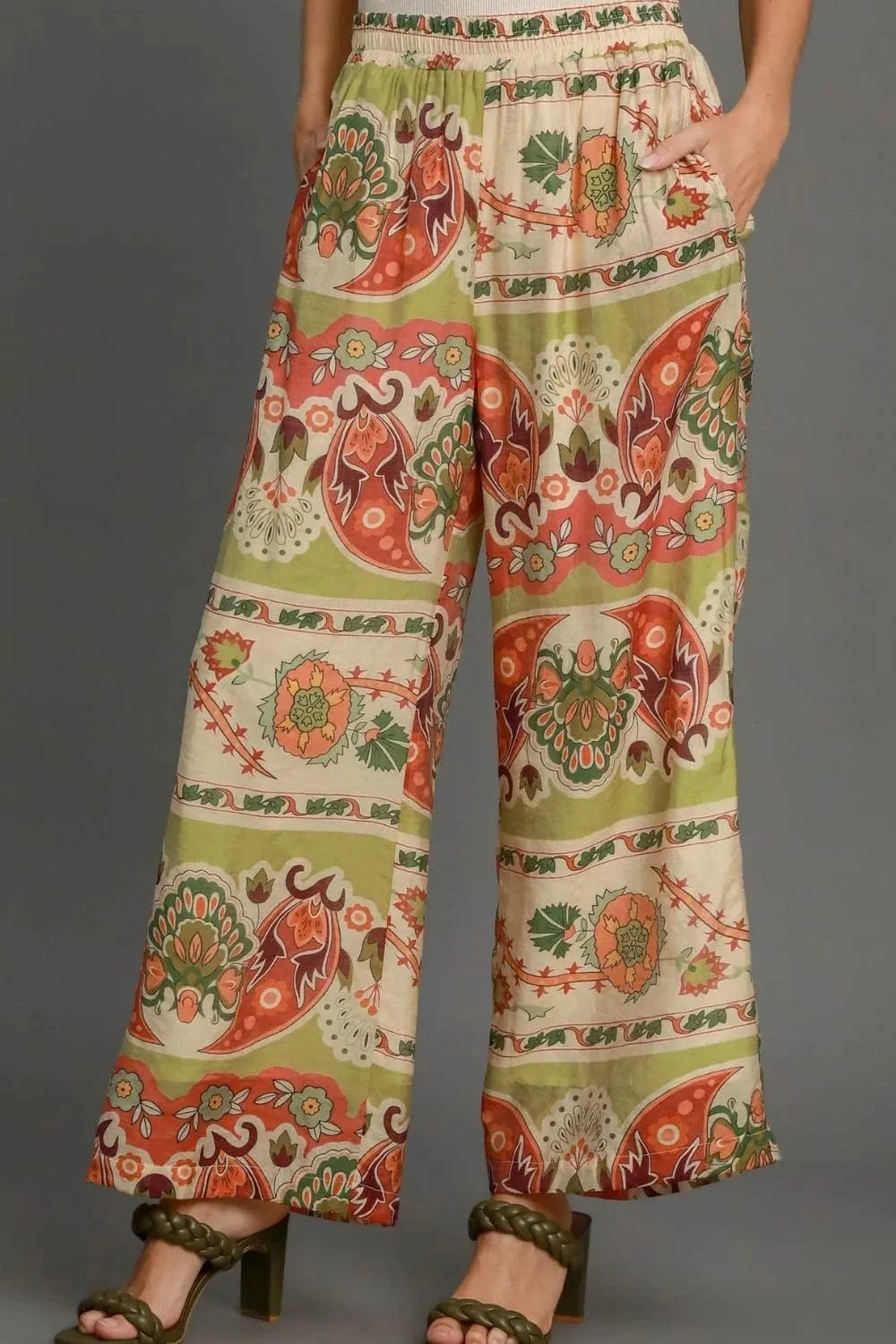 Umgee GREEN MIX / S Umgee Full Size Wide Leg Border Print Pants Plus Size