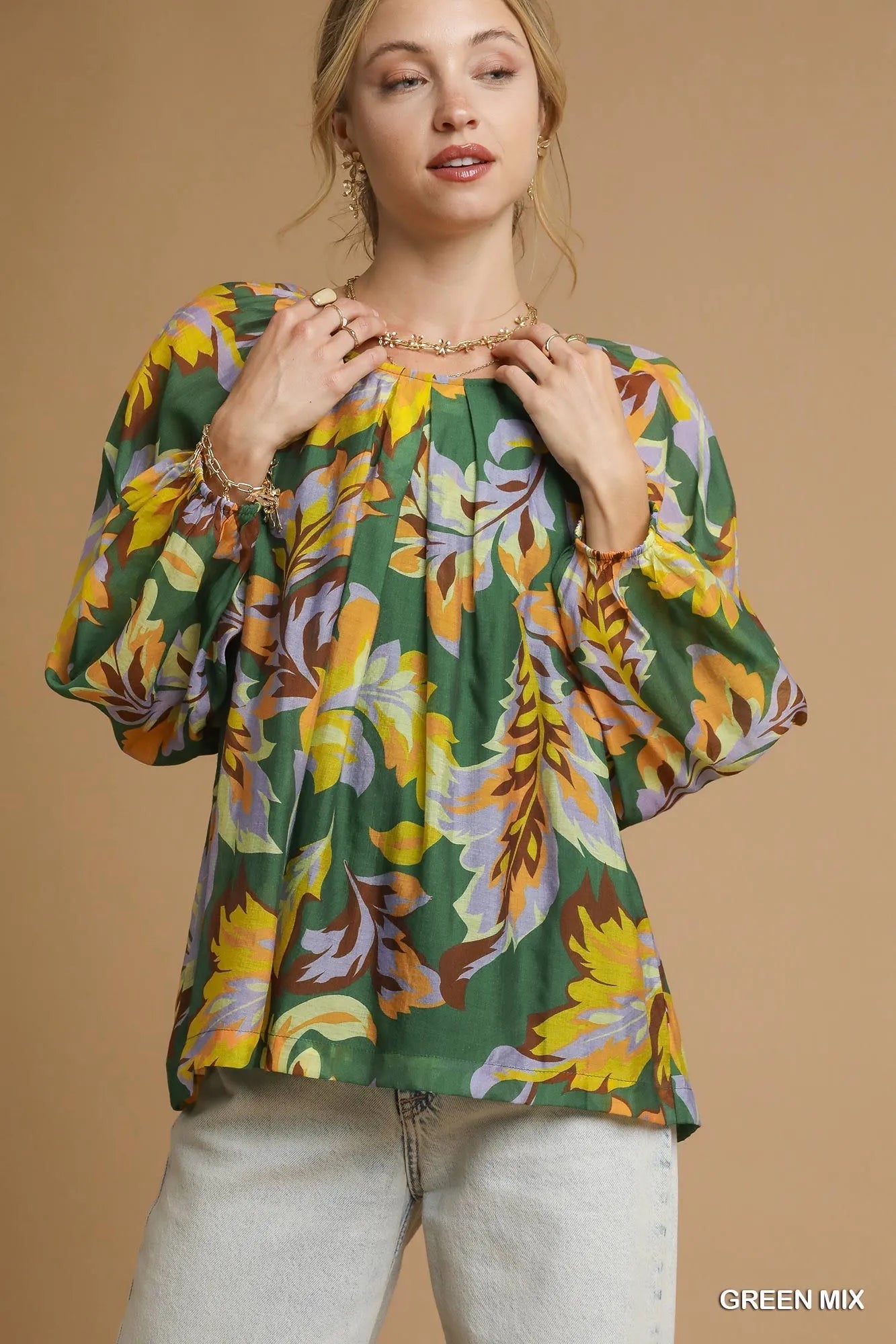 Umgee GREEN MIX / S Umgee Mix Abstract Print Balloon Sleeve Blouse