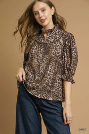 Umgee GREY / S Umgee Leopard Print Ruffle Neck Blouse