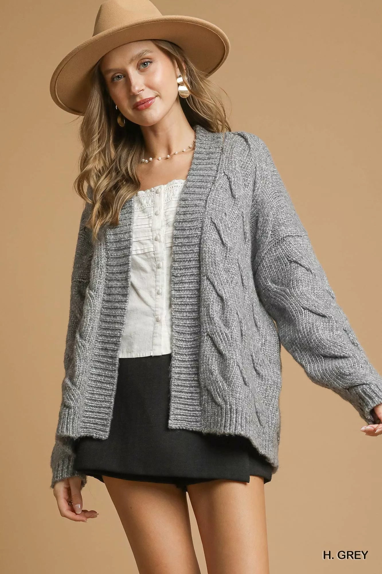 Umgee H. GREY / S Umgee Chunky Cable Knit Open Front Cardigan