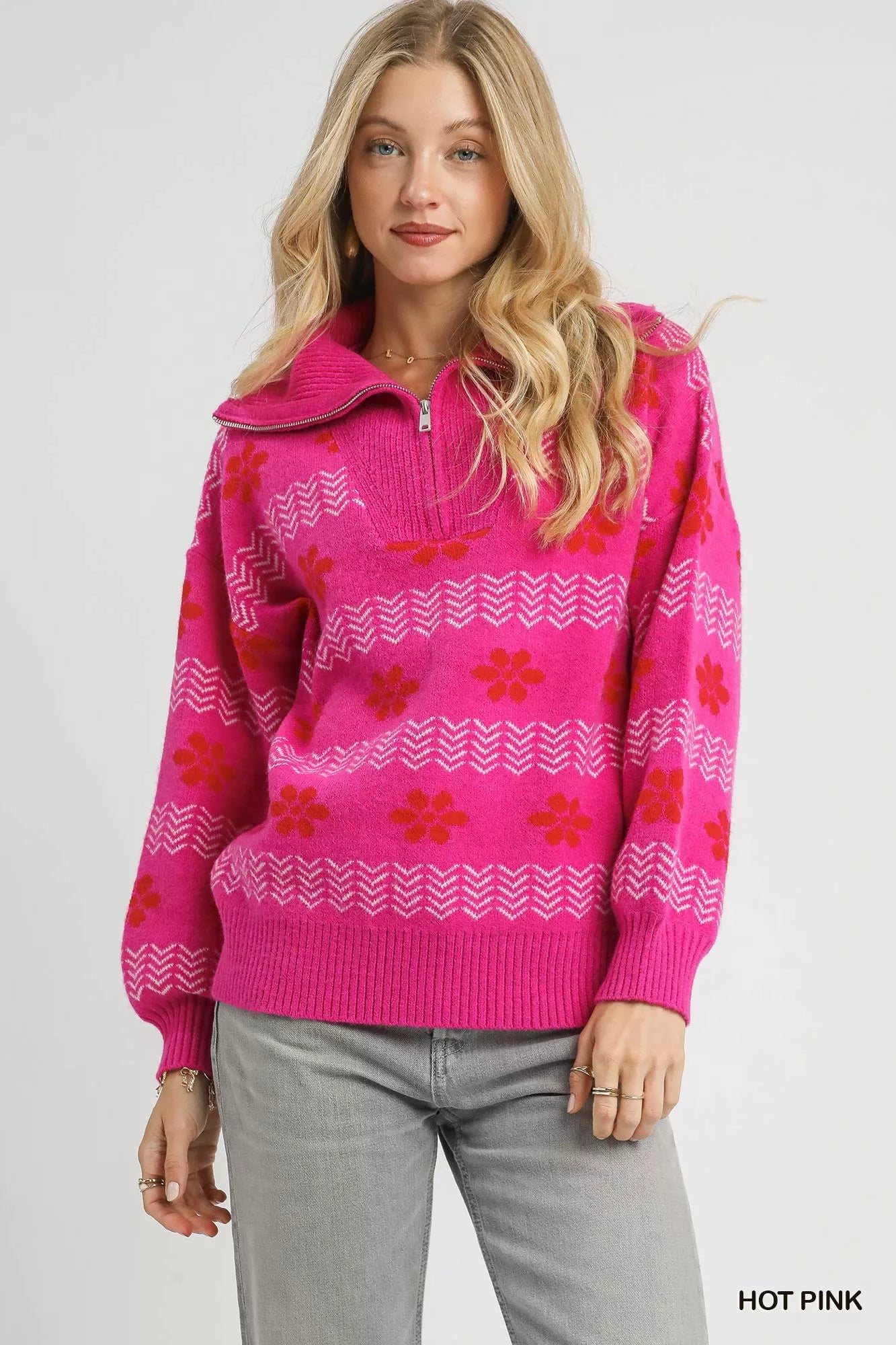 Umgee HOT PINK / S Umgee Floral Patterned Jacquard Quarter-Zip Pullover Sweater