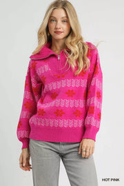 Umgee HOT PINK / S Umgee Floral Patterned Jacquard Quarter-Zip Pullover Sweater