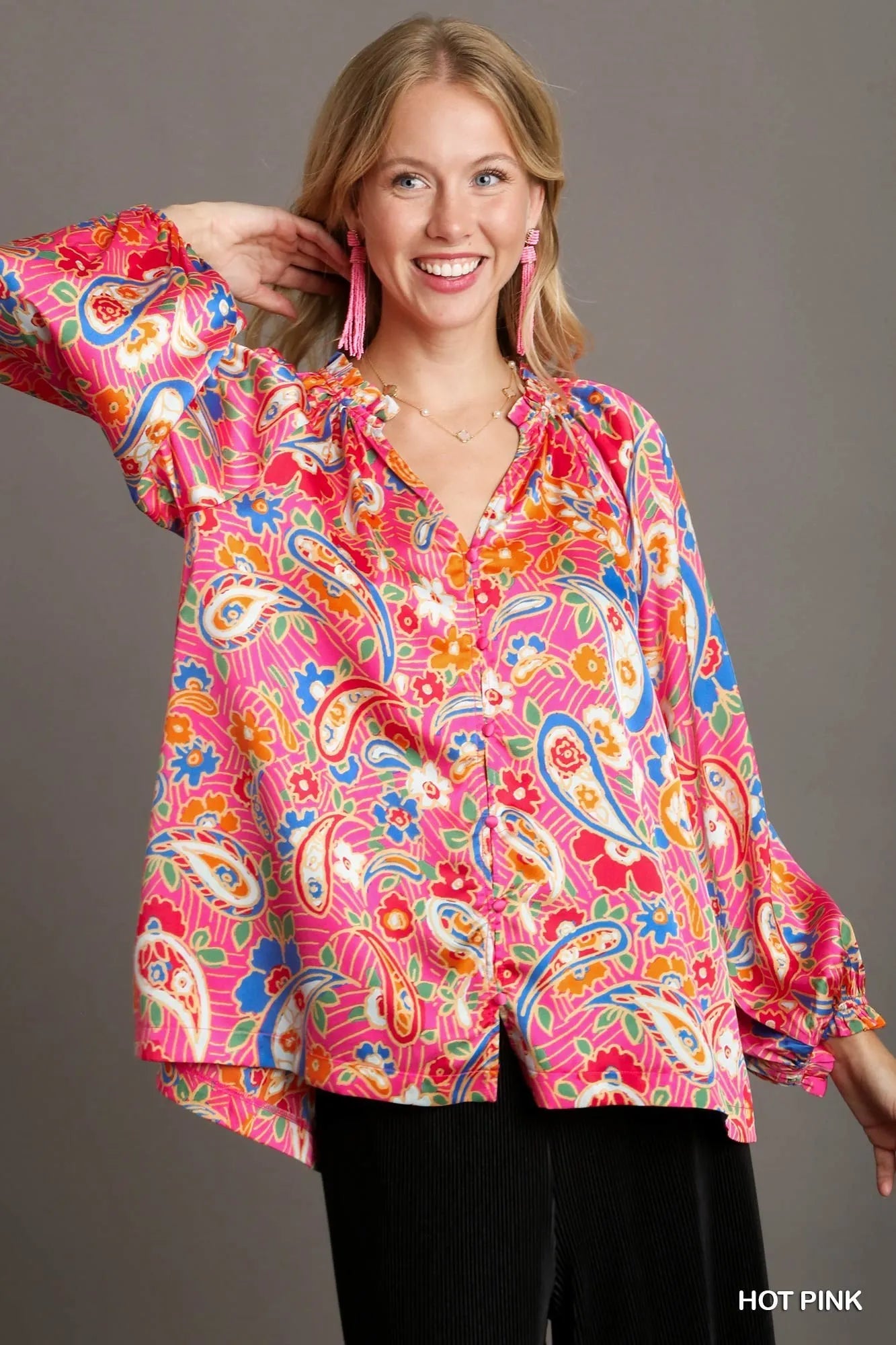 Umgee Hot Pink / S Umgee Full Size Satin Paisley Ruffle Neck Button-Up Shirt Plus Size