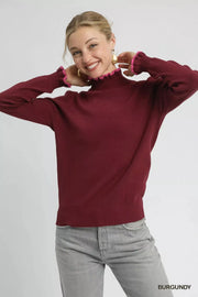 Umgee Knit Tops BURGUNDY / S Umgee Ribbed Round Neck Sweater with Ruffle Contrast Trim