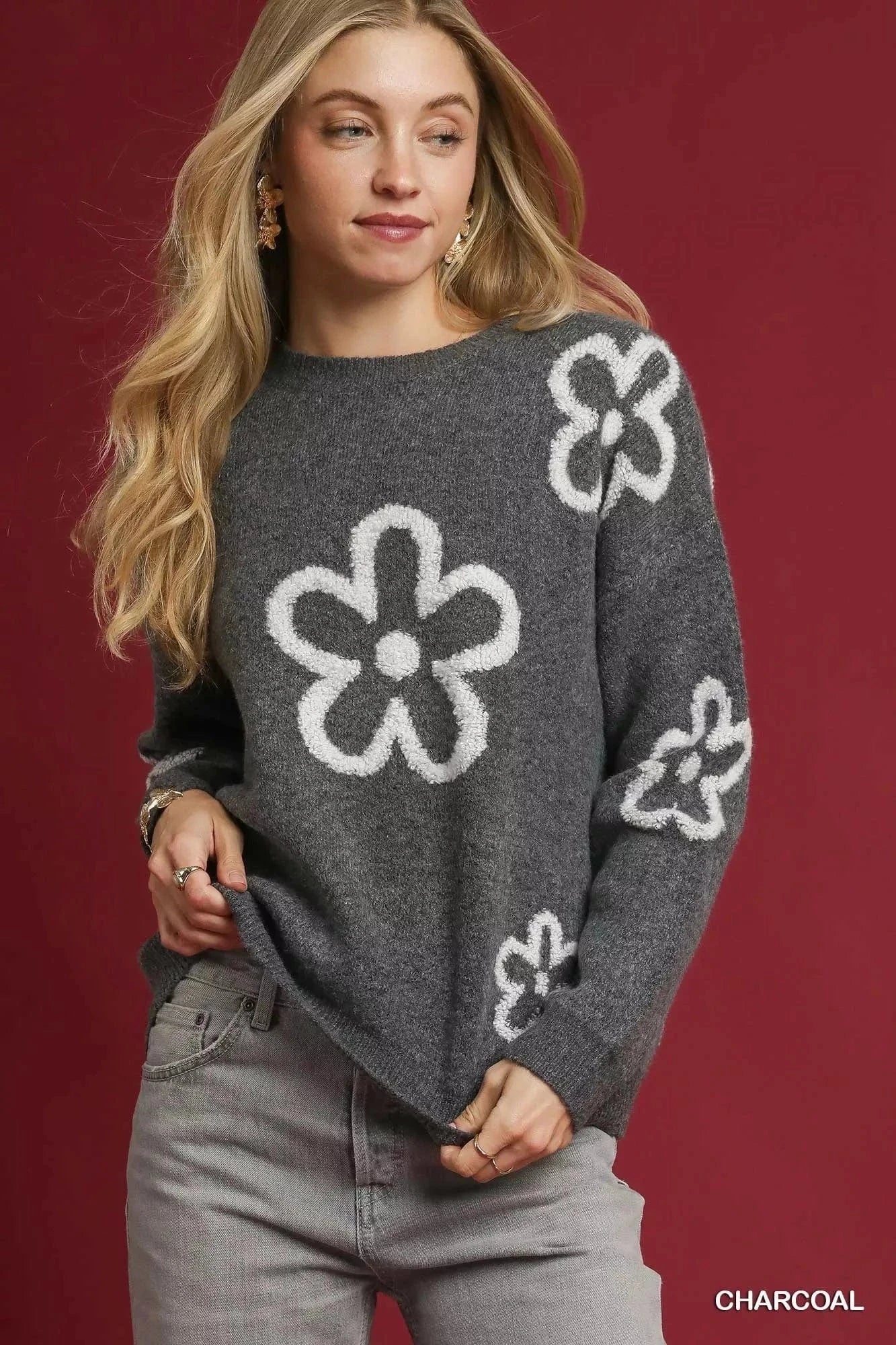 Umgee Knit Tops CHARCOAL / S Umgee Round Neck Sweater with Floral Accents