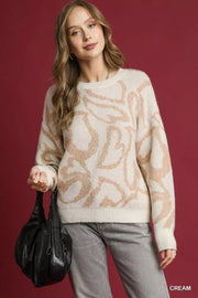 Umgee Knit Tops Cream / S Umgee Heart Print Crew Neck Sweater