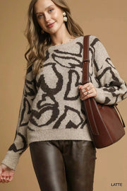 Umgee Knit Tops LATTE / S Umgee Heart Print Crew Neck Sweater