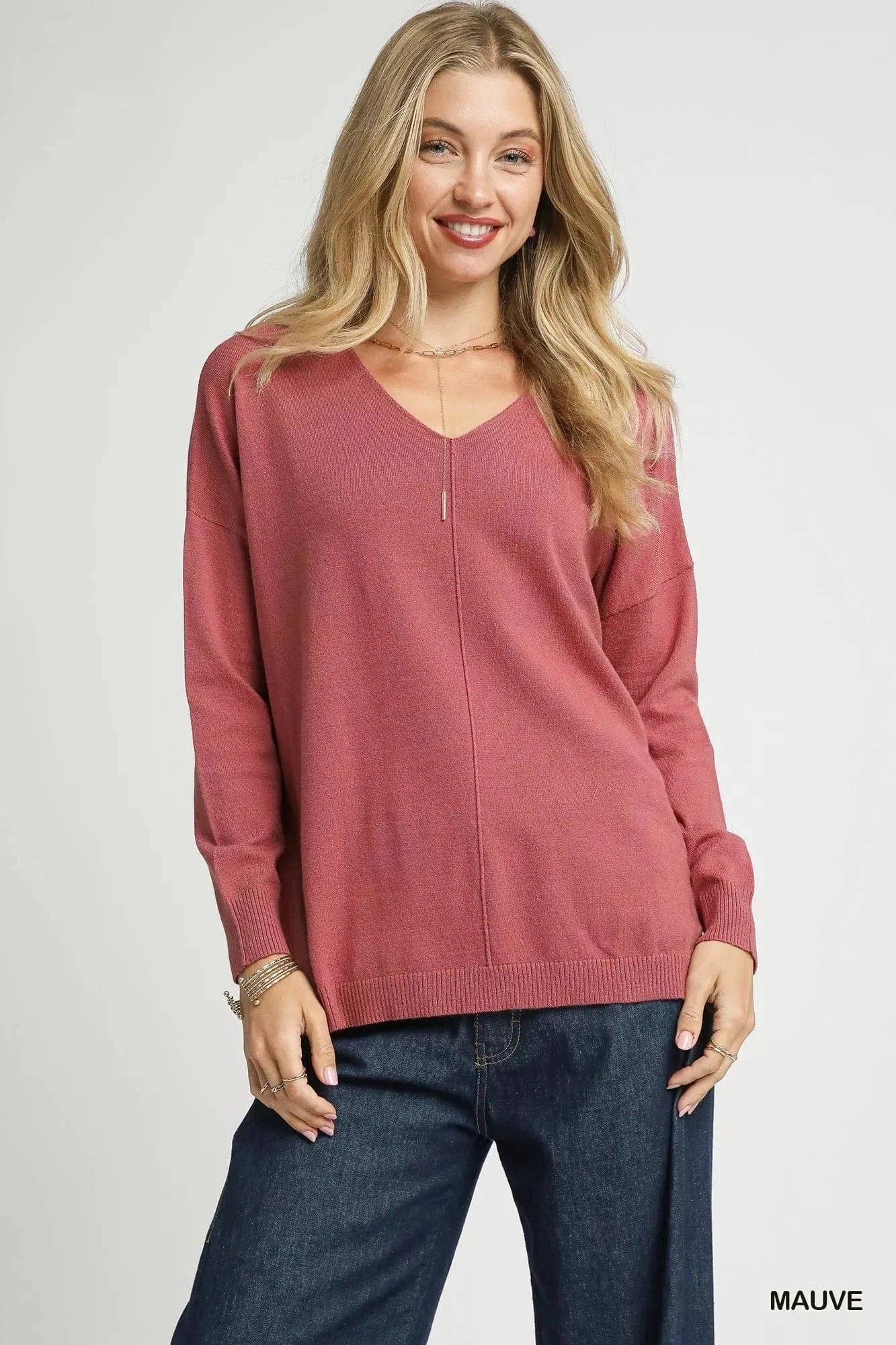 Umgee Knit Tops MAUVE / S Umgee V-Neck High Low Hem Knit Top with Side Slit