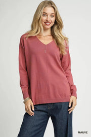 Umgee Knit Tops MAUVE / S Umgee V-Neck High Low Hem Knit Top with Side Slit