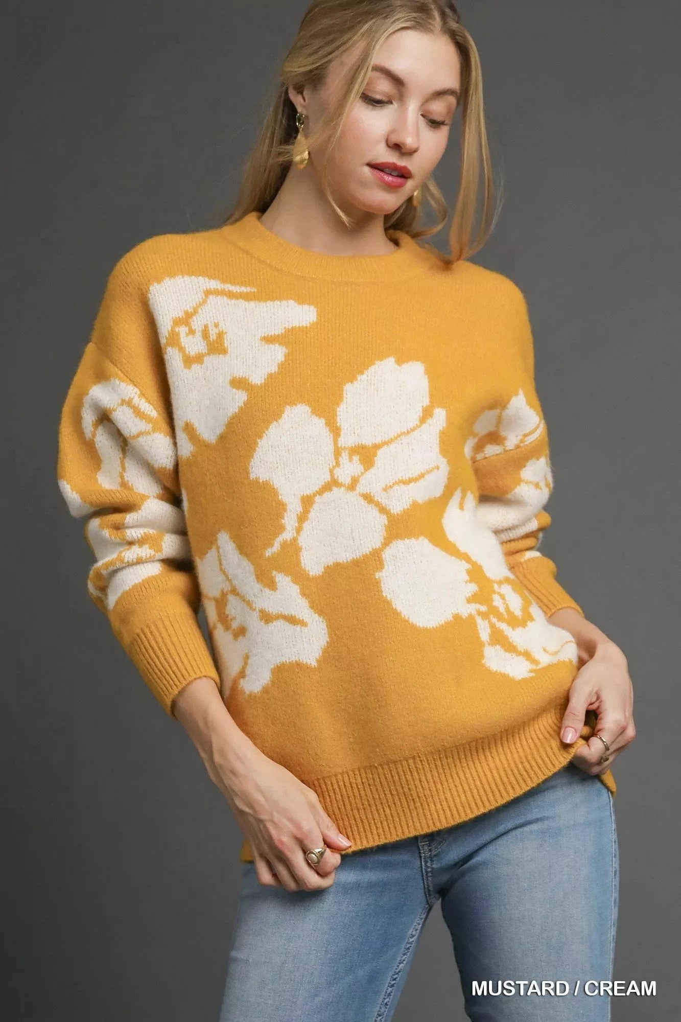 Umgee Knit Tops MUSTARD / CREAM / S Umgee Floral Long Sleeve Sweater