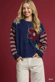 Umgee Knit Tops Navy / S Umgee Flower Jacquard Striped Long Sleeve Sweater