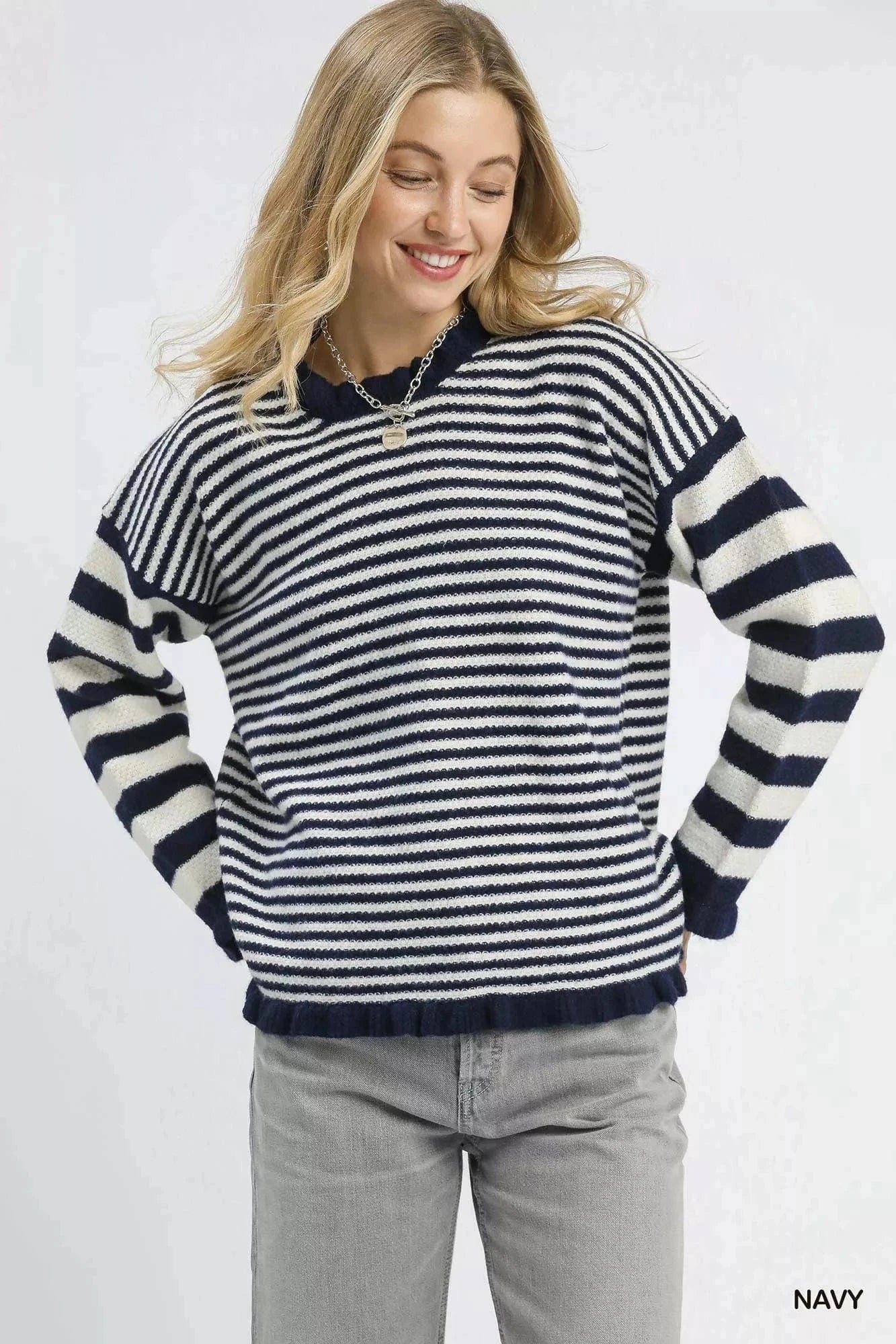 Umgee Knit Tops Navy / S Umgee Ruffle Neck Stripe Sweater