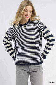 Umgee Knit Tops Navy / S Umgee Ruffle Neck Stripe Sweater