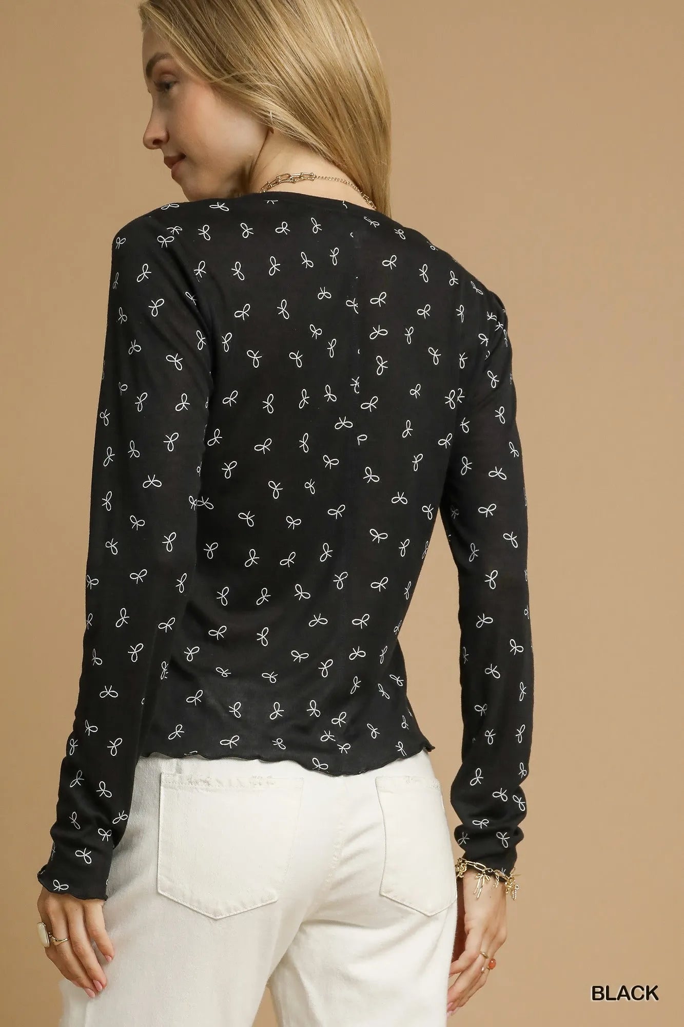 Umgee Knit Tops Umgee Bow Print Lightweight Knit Top