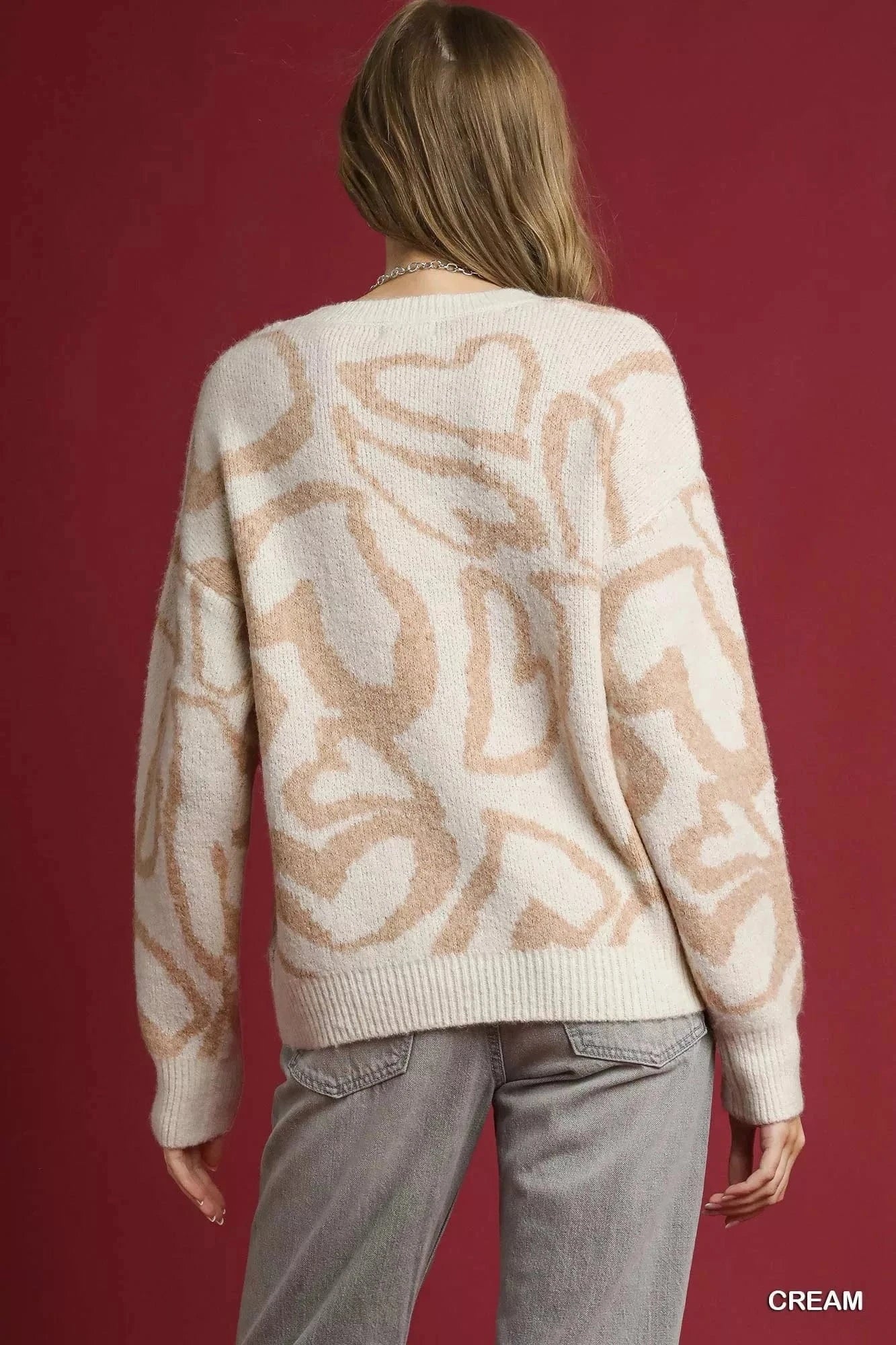 Umgee Knit Tops Umgee Heart Print Crew Neck Sweater