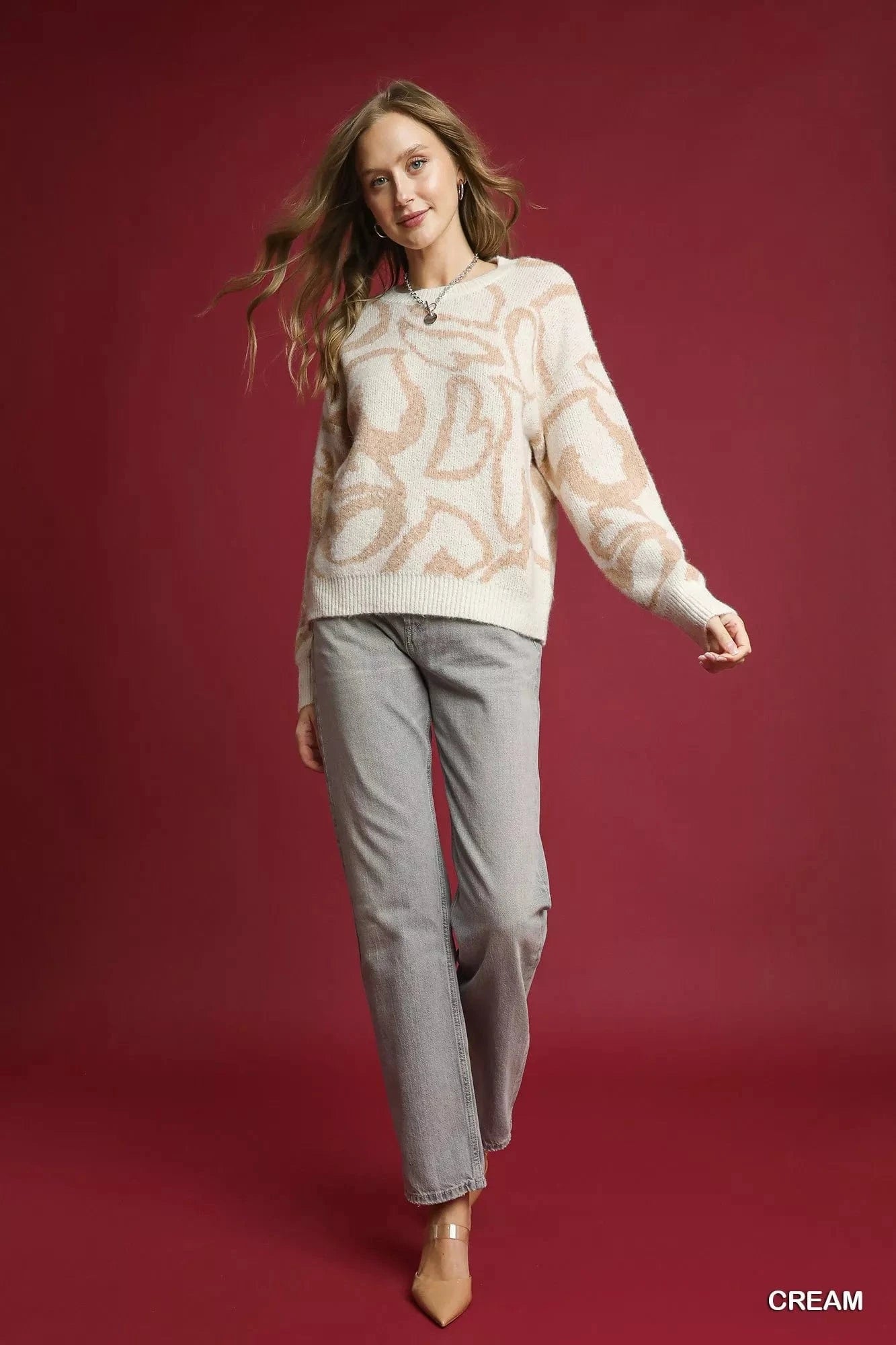 Umgee Knit Tops Umgee Heart Print Crew Neck Sweater