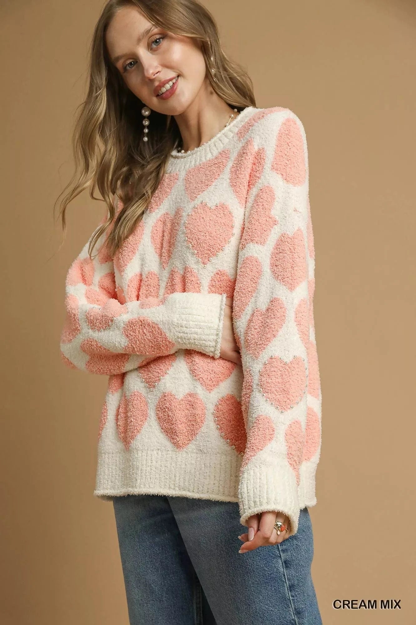 Umgee Knit Tops Umgee Mix Heart Pattern Pearl Accent Sweater