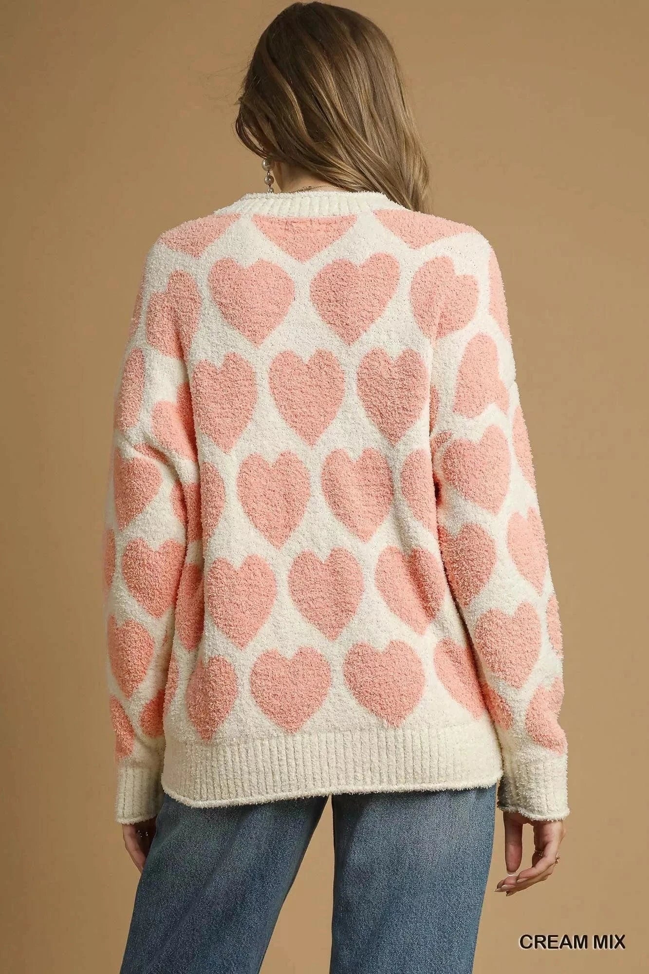 Umgee Knit Tops Umgee Mix Heart Pattern Pearl Accent Sweater