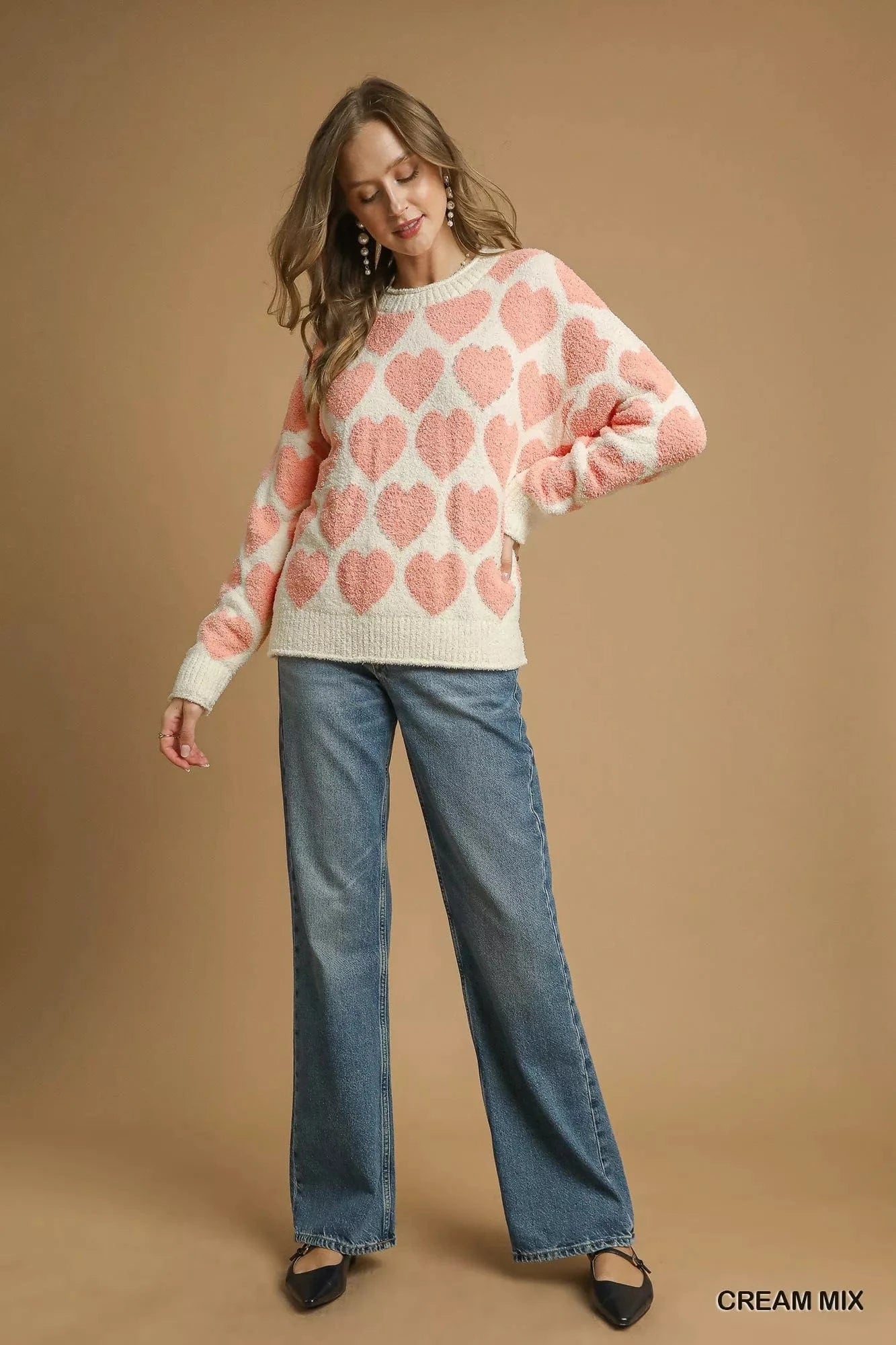 Umgee Knit Tops Umgee Mix Heart Pattern Pearl Accent Sweater